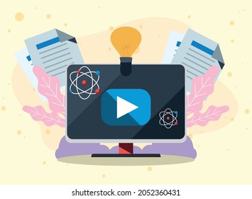 Computer play and education icons on yellow background