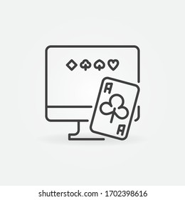 Computer with Playind Card outline icon. Vector Online Poker concept symbol in thin line style