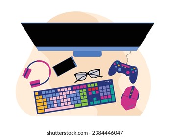 Computer for playing games, equipped with stick and keyboard for supporting tools, desk top view vector illustration.