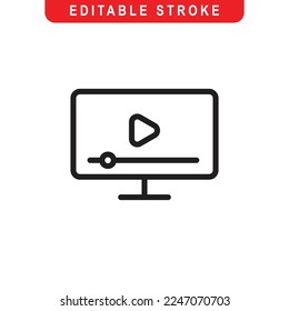 Computer Playing Video Outline Icon. Monitor Playing Video Line Art Logo. Vector Illustration. Isolated on White Background. Editable Stroke