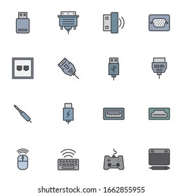 Computer plug filled outline icons set, line vector symbol collection, Cable Wire linear colorful pictogram pack. Signs, logo illustration, Set includes icons as usb flash drive, audio jack, hdmi, lan