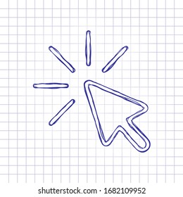 Computer pointer, cursor or mouse arrow, click, outline design. Hand drawn picture on paper sheet. Blue ink, outline sketch style. Doodle on checkered background