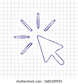 Computer pointer, cursor or mouse arrow, click. Hand drawn picture on paper sheet. Blue ink, outline sketch style. Doodle on checkered background