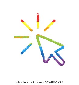 Computer pointer, cursor or mouse arrow, click, outline design. Drawing sign with LGBT style, seven colors of rainbow (red, orange, yellow, green, blue, indigo, violet