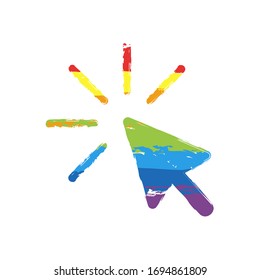 Computer pointer, cursor or mouse arrow, click. Drawing sign with LGBT style, seven colors of rainbow (red, orange, yellow, green, blue, indigo, violet