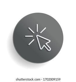 Computer pointer, cursor or mouse arrow, click, outline design. White paper symbol on gray round button or badge with shadow