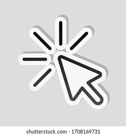 Computer pointer, cursor or mouse arrow, click, outline design. Sticker style with white border and simple shadow on gray background