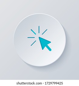 Computer pointer, cursor or mouse arrow, click. Cut circle with gray and blue layers. Paper style