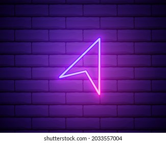 Computer pointer, cursor or mouse arrow, click. Neon style. Light decoration icon. Bright electric symbol isolated on brick wall.