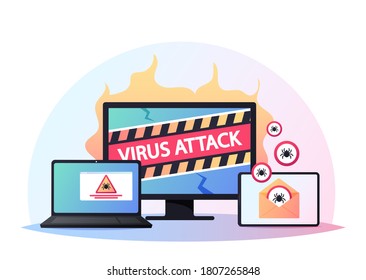 Computer Pop up Box on Cracked Pc Screen Warning of System Being Hacked, Compromised Software Environment. Laptop and Tablet with Trojan Worm Detected, Spyware Alarm. Cartoon Vector Illustration
