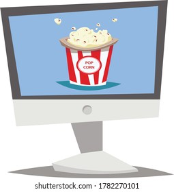 Computer with popcorn bucket on the desktop. Flat vector illustration.