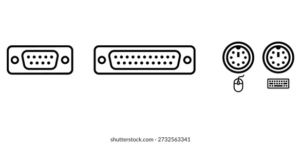 Computer port connector icons. Peripheral equipment connection interfaces for data transfer. Vector illustration in outline style isolated.