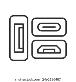 Computer port, in line design. DisplayPort, HDMI, Type-C, USB, Ethernet, VGA, DVI on white background vector. Computer ports, editable stroke
