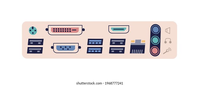 Computer ports for different connector types. Hardware interface with USB, audio, video, Ethernet, DVI, COM, SATA, VGA inputs for PC. Colored flat vector illustration isolated on white background