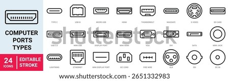 Computer ports types, electronic device input cable cords. Vector realistic type c and mini USB, ethernet and HDMI, DisplayPort.