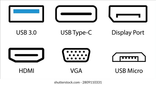 Computer ports and video audio connectors interface icon set, flat outline hardware display sockets collection on light background.