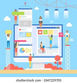 Computer poster with people working on laptop, lamps and clouds, men and women, diagrams and video, vector illustration isolated on blue background
