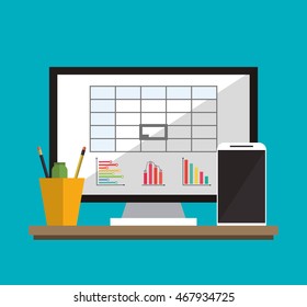 computer pot smartphone document infographic office work time supply icon. Colorfull and flat illustration, vector