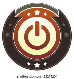 Computer power icon on round red and brown imperial vector button with star accents suitable for use on website, in print and promotional materials, and for advertising.
