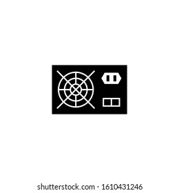 Computer power supply icon in black flat design on white background