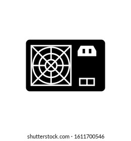 Computer power supply icon in black flat design on white background
