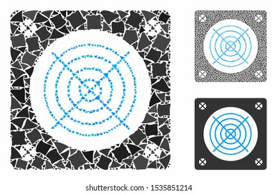 Computer power supply mosaic of rugged parts in different sizes and color tinges, based on computer power supply icon. Vector irregular pieces are united into mosaic.