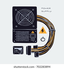 computer power supply, computer part component, hand drawn vector illustration.