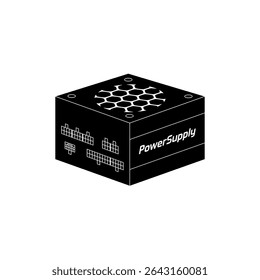 Unidade de fonte de alimentação de computador ATX totalmente modular em ícone de vetor de preenchimento preto, ideal para diagramas de hardware técnico, elementos de UI ou ilustrações de infraestrutura de TI.