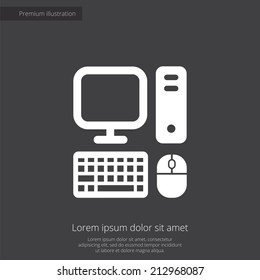 computer premium illustration icon, isolated, white on dark background, with text elements 