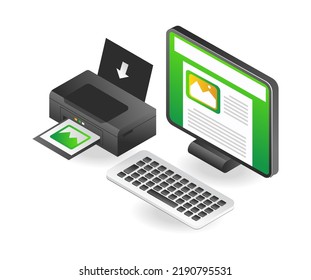 Computer print paper on printer in isometric and flat illustration