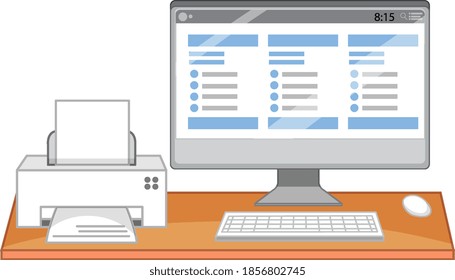 Computer and printer on office desk on white background illustration