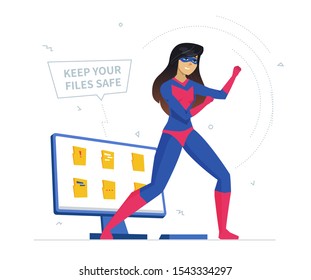 Computer privacy protection metaphor flat vector illustration. Keep your files safe banner design element. Woman in superhero outfit cartoon character. Data management system, privacy software