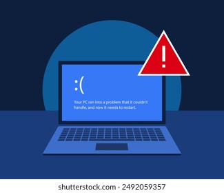 Computer it problem. Blue screen or bluescreen error on a laptop screen with red warning sign in front of dark blue background. Graphically simplified vector illustration.