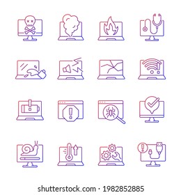 Computer problem gradient linear vector icons set. Laptop not starting, screen error. System failure. Hardware crash. Thin line contour symbols bundle. Isolated vector outline illustrations collection