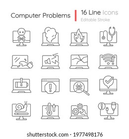 Computer problems linear icons set. Laptop not starting, screen error. System failure. Hardware crash. Customizable thin line contour symbols. Isolated vector outline illustrations. Editable stroke