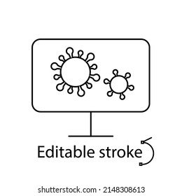 Computer problems outline icon. Virus protection. Antivirus program. Monoblock damage. Customizable linear contour symbol. Editable stroke. Isolated vector stock illustration