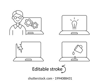 Computer problems outline icons set. Computer crash. Computer repair wizard