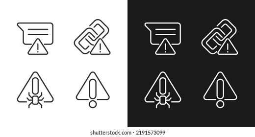 Computer problems pixel perfect linear icons set for dark, light mode. Warning signal. Hyperlink issue. Message is not sent. Silhouette symbols. Solid pictogram pack. Vector isolated illustration