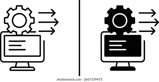 Procesamiento de computadoras y automatización del flujo de trabajo - Monitor con el icono de engranajes y flechas

