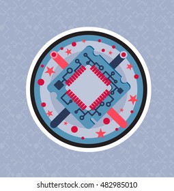 Computer Processor Chip with cable, wire. Symbol of programmer hard work, system administrator activities, scientific innovation, technical advancements and robotics. High tech microprocessor. Vector