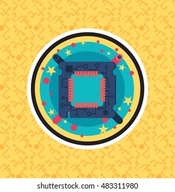 Computer Processor Chip with cable, wire. Symbol of programmer hard work, system administrator activities, scientific innovation, technical advancements and robotics. High tech microprocessor. Vector