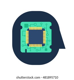 Computer Processor Chip in human head. Symbol of programmer hard work, system administrator activities, scientific innovation, technical advancements and robotics. Brain activities. Vector