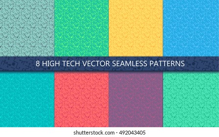 Computer Processor Chip Seamless Patterns Set for print, cloth, fabric and wrap. High tech wallpaper and background. Computer tech ornament. Innovation tech backdrop. Vector pattern