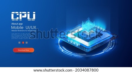 A computer processor with digital chip and electronic components on motherboard or printed circuit board.  CPU isometric banner. Central Computer Processors CPU concept.Digital chip. Database concept