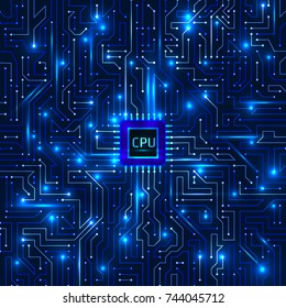 Computer processor and motherboard system chip. CPU chip electronic circuit board with processor vector illustration.
