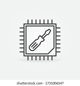 Computer Processor with Screwdriver line icon. Vector CPU repair concept symbol