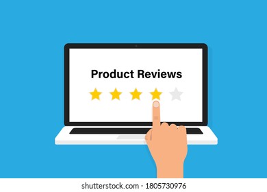 Concepto de revisión de productos informáticos. Ilustración aislada del vector. Concepto de comentarios de clientes. Reseñas o testimonios de clientes. Vector de material. EPS 10