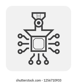 Computer production industry, equipment and technology vector icon. Consist of robot and chip, microchip or cpu. To placed on pcb board or motherboard. To repair, upgrade, assembly or manufacturing.