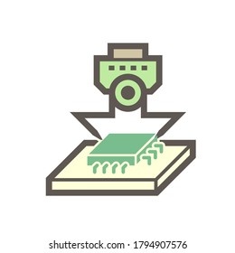 Computer production industry, equipment and technology vector icon. Consist of robot and chip, microchip or cpu. To placed on pcb board or motherboard. To repair, upgrade, assembly or manufacturing.