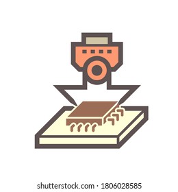 Computer production industry, equipment and technology vector icon. Consist of robot and chip, microchip or cpu. To placed on pcb board or motherboard. To repair, upgrade, assembly or manufacturing.